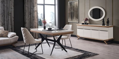 Modern bir yemek odasında Elize Ahşap Yemek Odası Takımı, beyaz mermer desenli masa, konforlu sandalyeler ve şık bir konsoldan oluşuyor. Uygun Fiyatlı inegöl mobilya seçenekleri arasında öne çıkıyor.