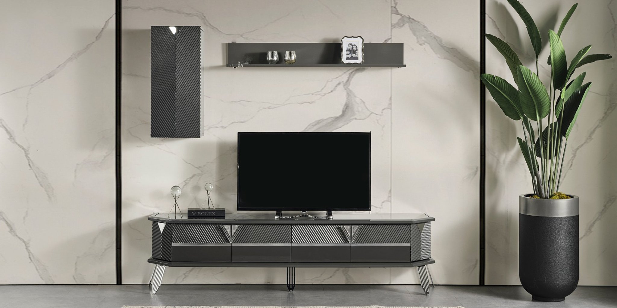 Stylish modern grey Madrid TV unit with wall cabinet and shelf. Enhance your home with quality inegol furniture.