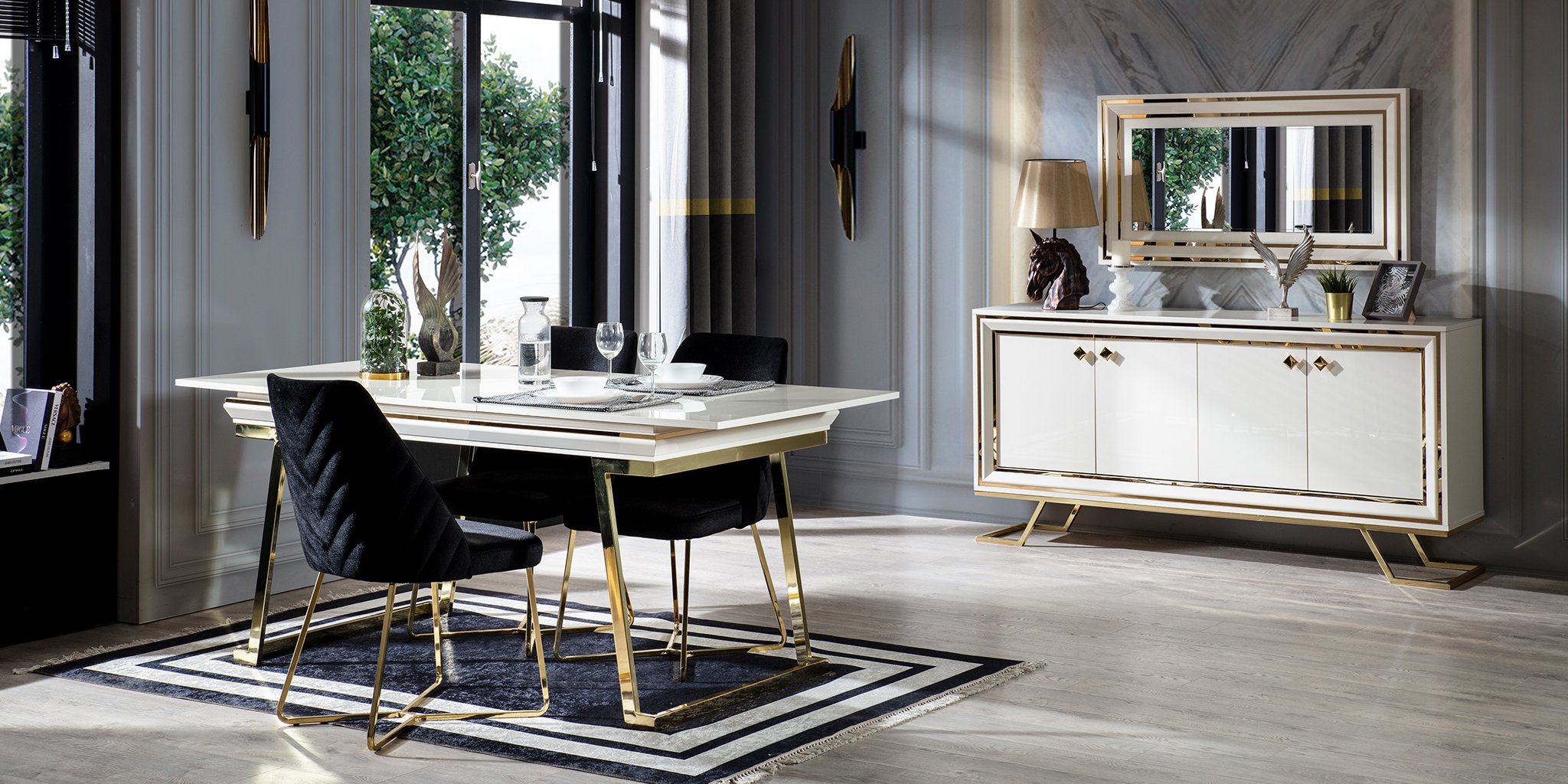 Elegant Palermo dining room set with white table, black velvet chairs, and gold accents. Discover quality with İnegöl Furniture Prices.