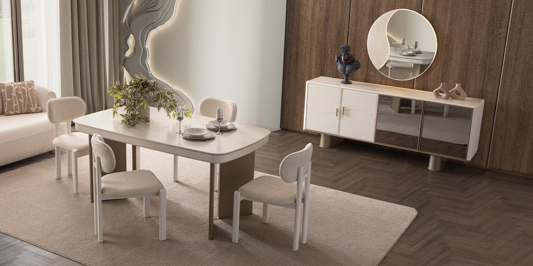Modern Saray Dining Set, featuring an extendable beige table, fabric chairs, a mirrored console, and a round mirror, embodying İnegöl furniture elegance.
