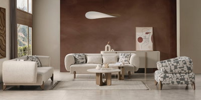 Beyaz ve gri tonlarda, kavisli tasarımlı Ahuse Bronz Koltuk Takımı, modern salonlara inegol mobilya şıklığı katıyor.
