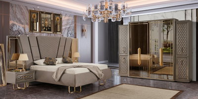 Modern inegol mobilya olarak Lounge Yatak Odası Takımı Nehir Kumu, şık yatak, ayna detaylı gardırop ve komodin ile lüks bir görünüm sunar.