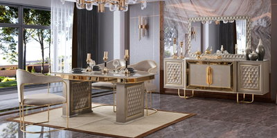 Modern altın detaylı Lounge Yemek Odası Takımı Nehir Kumu. Şık sandalye, masa ve konsol içeren uygun fiyatlı inegöl mobilya.