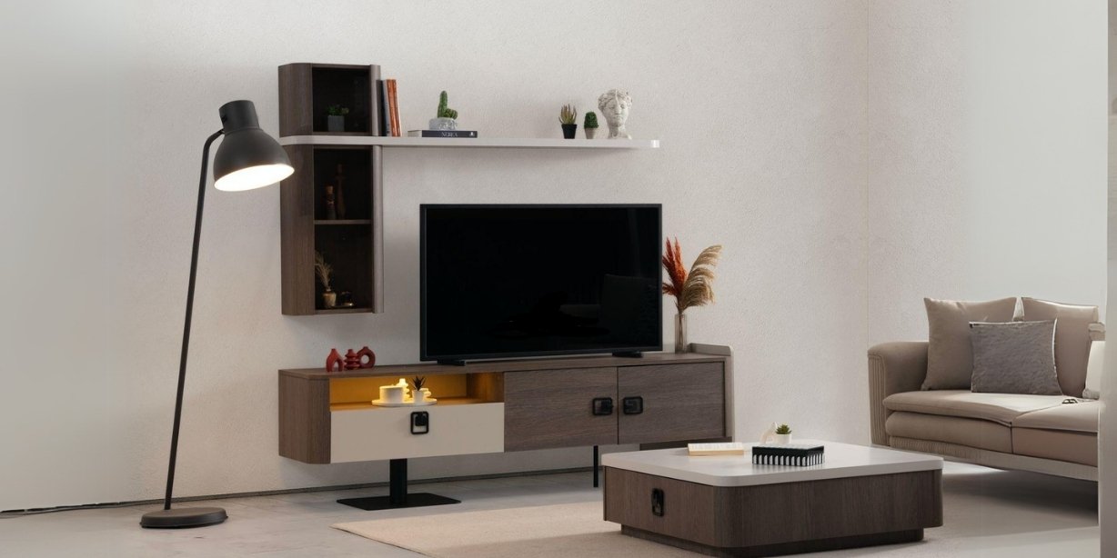 Stylish dark walnut Prada TV unit with illuminated shelf and drawer, showcasing inegol furniture quality. Includes wall shelves and a coffee table.