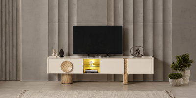 Şık bej Serene Tv Ünitesi, ahşap dokulu detayları, aydınlatmalı rafı ve minimalist tasarımıyla modern yaşam alanlarına estetik katar. İnegöl mobilya Fiyatları araştırmanızda öne çıkan bir model.