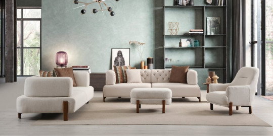Modern bir yaşam alanı için tasarlanmış Cratos Wood Koltuk Takımı. Krem keten kumaş, 32 dansite sünger, yatak özelliği ve ahşap ayaklara sahip inegol mobilya.