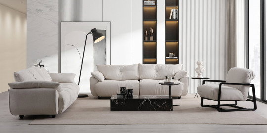 Açık renkli, modern Hogan Koltuk Takımı ile tasarlanmış, şık bir salon. Konforlu ve estetik bu takım, modern inegol mobilya trendlerini yansıtıyor.
