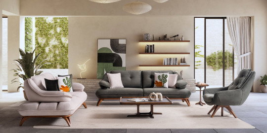 Modern ahşap ayaklı Mango Koltuk Takımı, gri ve bej renklerdeki kanepeleriyle ferah bir salon ortamı sunuyor. Kaliteli İnegöl mobilya tasarımı.