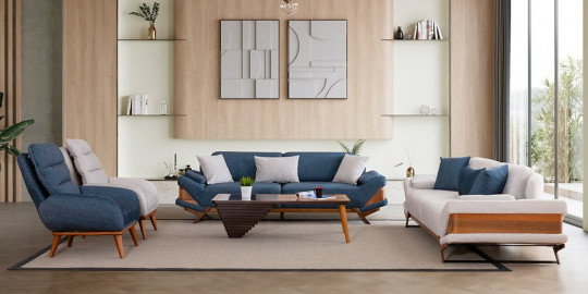 Modern çizgili, mavi ve krem renklerde Milano koltuk takımı. Ahşap detayları ile inegol mobilya kalitesini yansıtan konforlu salon takımı.