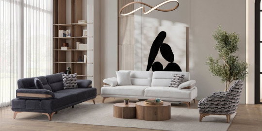 Modern tasarım inegol mobilya Moka koltuk takımı, koyu gri ve açık renk ikili kanepeler, desenli berjer ile konforlu bir salon sunuyor.