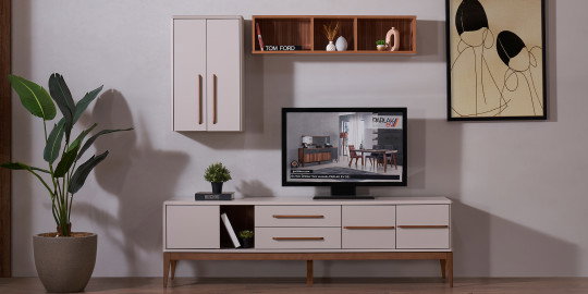 Şık beyaz ve ahşap detaylı Monza Tv Ünitesi, duvara monte dolap ve rafla tamamlanmış modern salon dekorasyonu için ideal. inegöl mobilya kampanyaları.