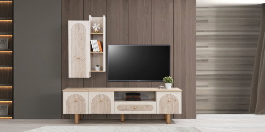 Modern Royal Tv Ünitesi, krem rengi ve doğal ahşap dokulu inegol mobilya ürünüdür. Dekoratif kemerli kapakları ile şık bir görünüm sunar.