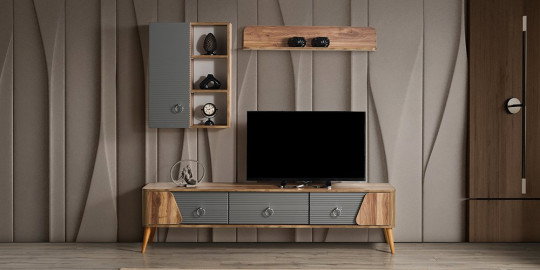 Modern Rüya Tv Ünitesi, ahşap ve gri detaylarla şık bir görünüm sunar. Fonksiyonel depolama ve estetik. İnegöl mobilya Fiyatları arasında öne çıkar.