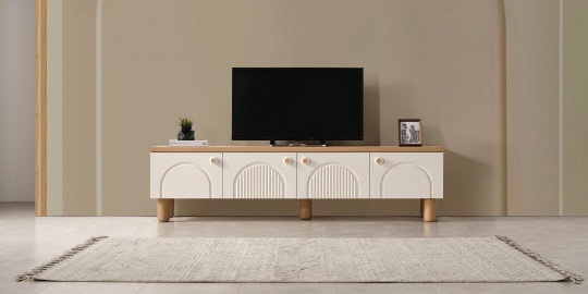 Modern Salvador TV ünitesi, beyaz kapaklar ve ahşap görünümlü üst tabla ile minimal bir tasarıma sahip inegol mobilya ürünüdür. Geniş saklama alanı sunar.