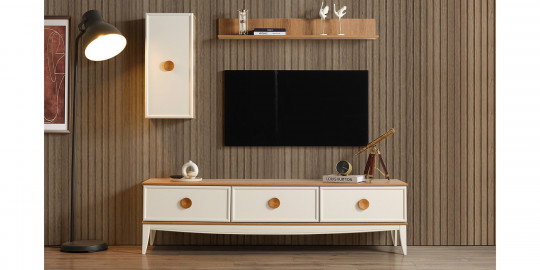 Beyaz ve açık ahşap detaylara sahip, çekmeceli Silva Tv Ünitesi. Bu modern inegol mobilya tasarımı, yaşam alanınıza şıklık katıyor.
