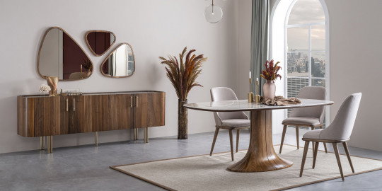 Modern tasarımlı Browni yemek odası takımı, ahşap büfe, elips aynalar ve şık masasıyla sofistike bir atmosfer sunuyor. İnegöl mobilya kalitesiyle.