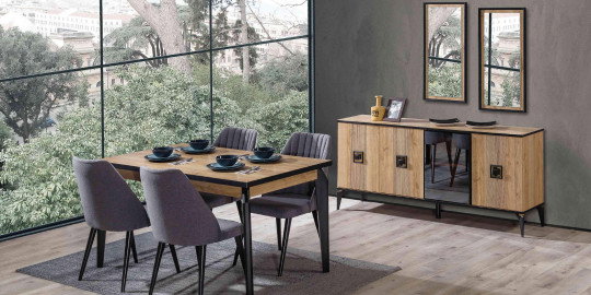Modern tasarımlı Dora Yemek Odası Takımı, ahşap detaylı masa, gri sandalyeler ve şık bir büfe ile İnegöl mobilyası kalitesini sunar.