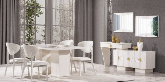 Modern ve şık Dora Yemek Odası Takımı, beyaz parlak masası, konforlu sandalyeleri, konsol ve aynaları ile İnegöl mobilyası kalitesini yansıtıyor.