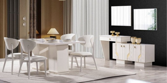 Modern beyaz Elegance Yemek Odası Takımı; şık masa, dört rahat sandalye ve altın detaylı zarif konsol ile tamamlandı. İnegöl mobilya Fiyatları için ideal.