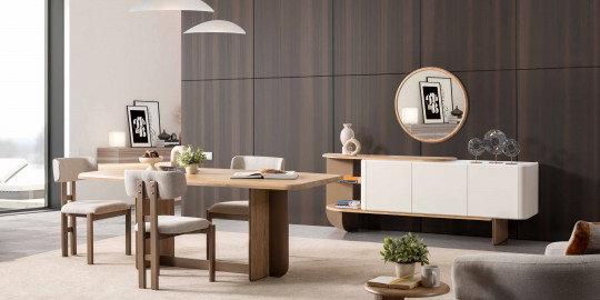 Elit Yemek Odası Takımı, açık renk ahşap masa, kumaş döşemeli sandalyeler ve şık büfesiyle modern bir atmosfer sunar. inegöl mobilya kampanyaları ile bu takıma sahip olun.