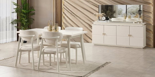 Modern ve şık krem Masal yemek odası takımı, dört sandalyeli masa ve uyumlu büfe içeren kaliteli bir İnegöl mobilyası.