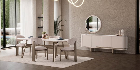 Noya Yemek Odası Takımı, modern sandalyeler ve mermer görünümlü masasıyla şık bir yemek alanı sunar. Kaliteli İnegöl mobilya.