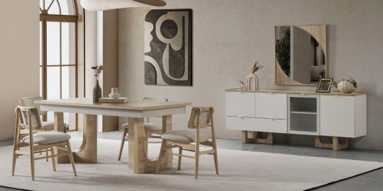 Modern Palermo Yemek Odası Takımı, açık ahşap ve beyaz tonlarında masa, upholstered sandalyeler ve çizgili camlı büfe ile İnegöl mobilyası kalitesini sunar.