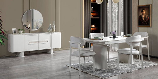 Modern beyaz Paris Yemek Odası Takımı, şık büfesi ve konforlu sandalyeleriyle her alana uyum sağlar. Kaliteli inegol mobilya.