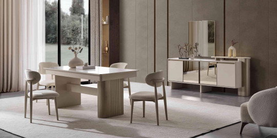 Modern krem tonlarında Sahra Yemek Odası takımı, minimalist masa, konforlu sandalyeler ve aynalı büfe. Kaliteli İnegöl mobilya.