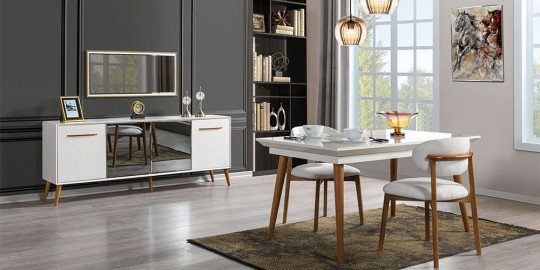 Aynalı konsol, beyaz yemek masası ve ahşap detaylı sandalyeler içeren modern Simge Yemek Odası Takımı. Harika inegöl mobilya kampanyaları ile evinize şıklık katın.