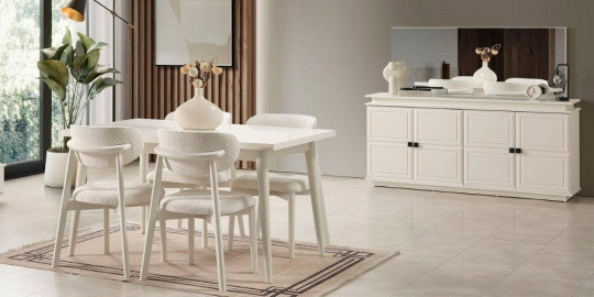 Beyaz Vizyon Yemek Odası Takımı, zarif masa, konforlu sandalyeler ve aynalı büfeyle modern bir salon. Kaliteli İnegöl mobilya estetiği.