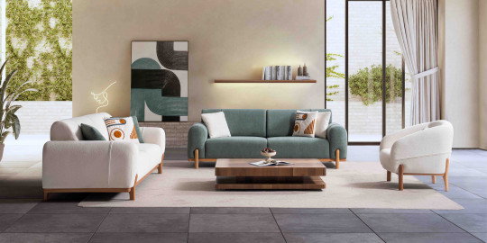 Pastel tonlarda Bloom Koltuk Takımı, modern ahşap detaylarla tasarlanmış bir salonu gösteriyor. Rahat ve şık yapısıyla uygun fiyatlı İnegöl mobilya seçenekleri sunar.
