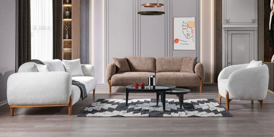 Modern tasarımlı Bono Koltuk Takımı, kahverengi ve krem rengi üçlü, ikili kanepe ve tekli koltuktan oluşan İnegöl mobilyası.