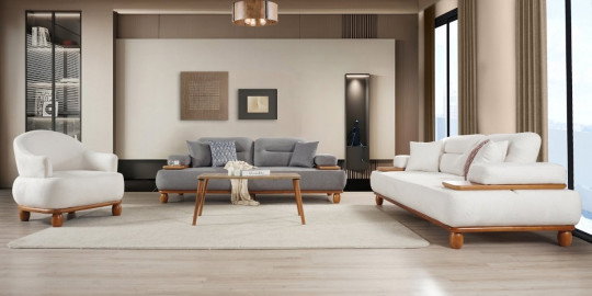 Modern İnegöl mobilya Puma Koltuk Takımı, gri üçlü kanepe, beyaz tekli koltuk ve uzanma koltuğu ile zarif bir salon. Ahşap detaylar.