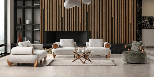 Modern tasarımlı Soho Bohem koltuk takımı, açık renkli boucle kumaşı ve ahşap detaylarıyla şık bir salon dekorasyonu sunuyor. İnegöl mobilya kalitesi.