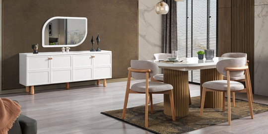 Modern Azra Yemek Odası Takımı, beyaz büfesi, oval aynası ve ahşap detaylı sandalyeleriyle her alana şıklık katar. inegöl mobilya kampanyaları arasında öne çıkan bir set.