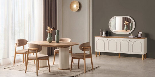 Oval ahşap Derin Yemek Odası, krem sandalyeler ve şık büfesiyle modern bir atmosfer sunar. inegöl mobilya kampanyalarıyla bu takımı keşfedin.