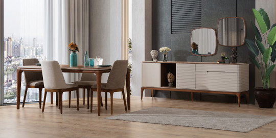Şık ve modern İnci Yemek Odası Takımı, ahşap detaylı masa, bej döşemeli sandalyeler ve uyumlu büfe ile İnegöl mobilya modelleri arasında öne çıkıyor.