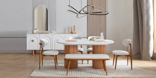 Modern beyaz oval yemek masası, ahşap ayaklı sandalyeler ve bench içeren inegol mobilya Lotus Soho Yemek Odası Takımı.