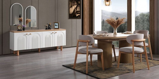 Ahşap detaylı modern Pera Yemek Odası Takımı, zarif yuvarlak masa, gri sandalyeler ve kemer desenli beyaz büfe ile. İnegöl mobilya Fiyatları ile kalite ve estetiği bir arada sunan bu takım, evinize sıcak bir atmosfer katacak.