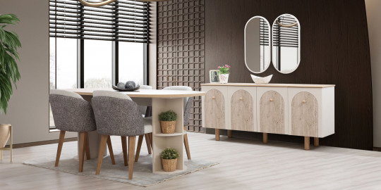 Modern oval yemek masası, dört şık sandalye ve uyumlu konsoldan oluşan Royal Yemek Odası Takımı. Kaliteli İnegöl mobilya estetiği.