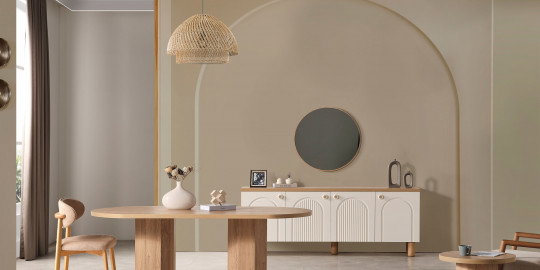 Modern tasarım Salvador yemek odası takımı, ahşap masa, sandalyeler ve şık konsol. Estetik İnegöl mobilya modelleri.