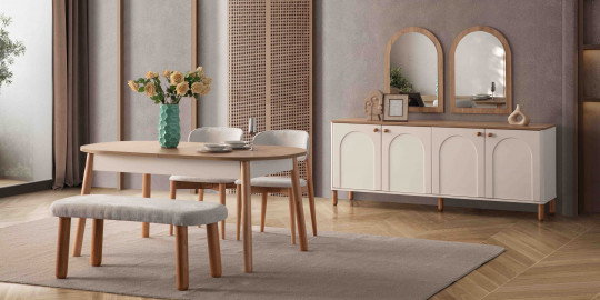 Zen Yemek Odası Takımı, modern ahşap masa, sandalyeler ve büfe ile şık bir yemek alanı sunar. İnegöl mobilya kampanyaları ile evinizde zarafet.