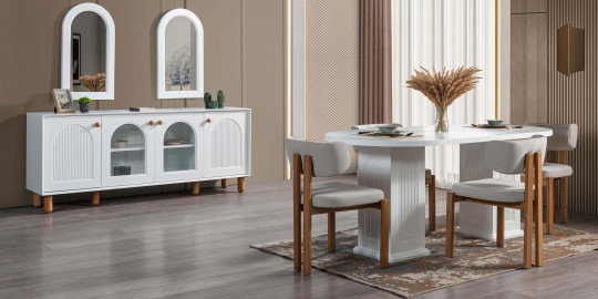 Modern beyaz büfesi, aynaları ve oval yemek masası ile Zümrüt Yemek Odası Takımı. Estetik İnegöl mobilya tasarımı.