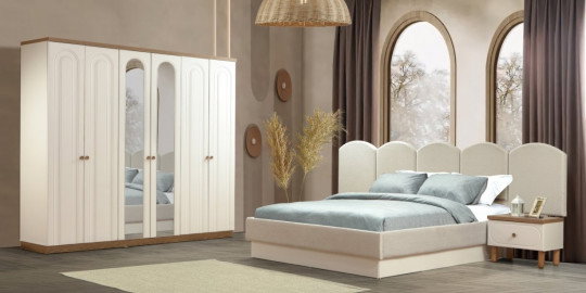 Bohem Yıldız Yatak Odası Takımı, beyaz ve ahşap tonlarında, aynalı dolaplı, dalgalı başlıklı yatak ve komodin. İnegöl mobilya kampanyaları ile modern yatak odası.