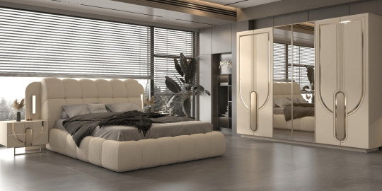 Modern bej renkli Erciyes Yatak Odası Takımı, yatak, komodin ve aynalı gardırop ile lüks bir inegol mobilya tasarımı sunar.