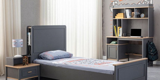Modern gri ve ahşap detaylı Best Genç Odası Takımı, yatak, entegre çalışma masası ve komodin içerir. Uygun Fiyatlı inegöl mobilya arayanlar için ideal.