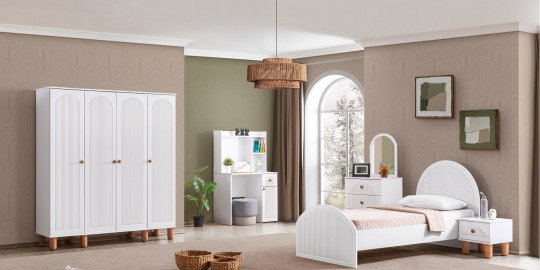 Modern bohem tarzda, beyaz renkli 4 kapaklı genç odası takımı. Geniş gardırop, karyola, komodin ve çalışma masası içeren inegöl mobilya kampanyaları.