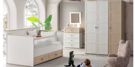 Modern tasarımlı Dünya Bebek Odası takımı, beyaz ve ahşap detaylı bebek karyolası, şifonyer ve dolaplarıyla Bursa mobilya kalitesini yansıtıyor.