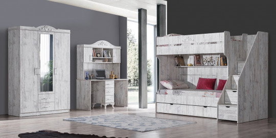 Modern ve fonksiyonel Elit Genç Odası takımı, ranza, aynalı gardırop ve çalışma masası ile inegöl mobilya kampanyaları içinde öne çıkıyor.